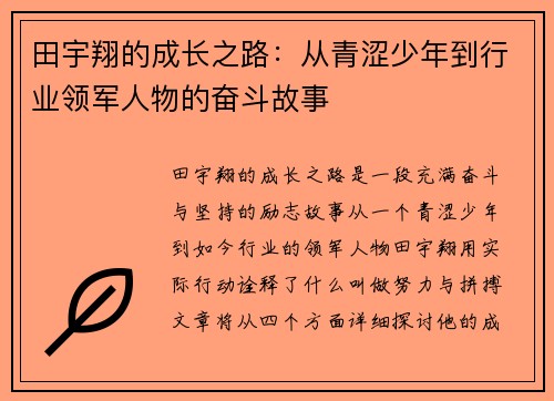 田宇翔的成长之路：从青涩少年到行业领军人物的奋斗故事